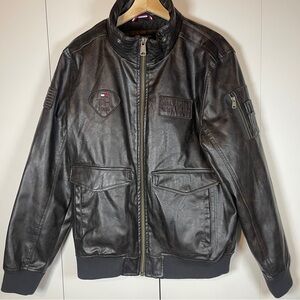 Tommy Hilfiger Brown Faux Leather Bomber Jacket Size Large L